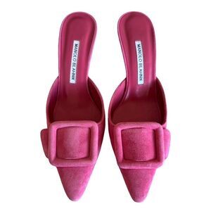 Manolo Blahnik Maysale Pink Suede Mule Kitten Heels Pumps Size EU 37 US 7